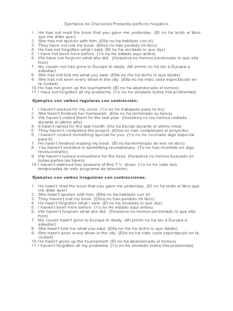Ejemplos de Oraciones Presente Perfecto Negativo | PDF