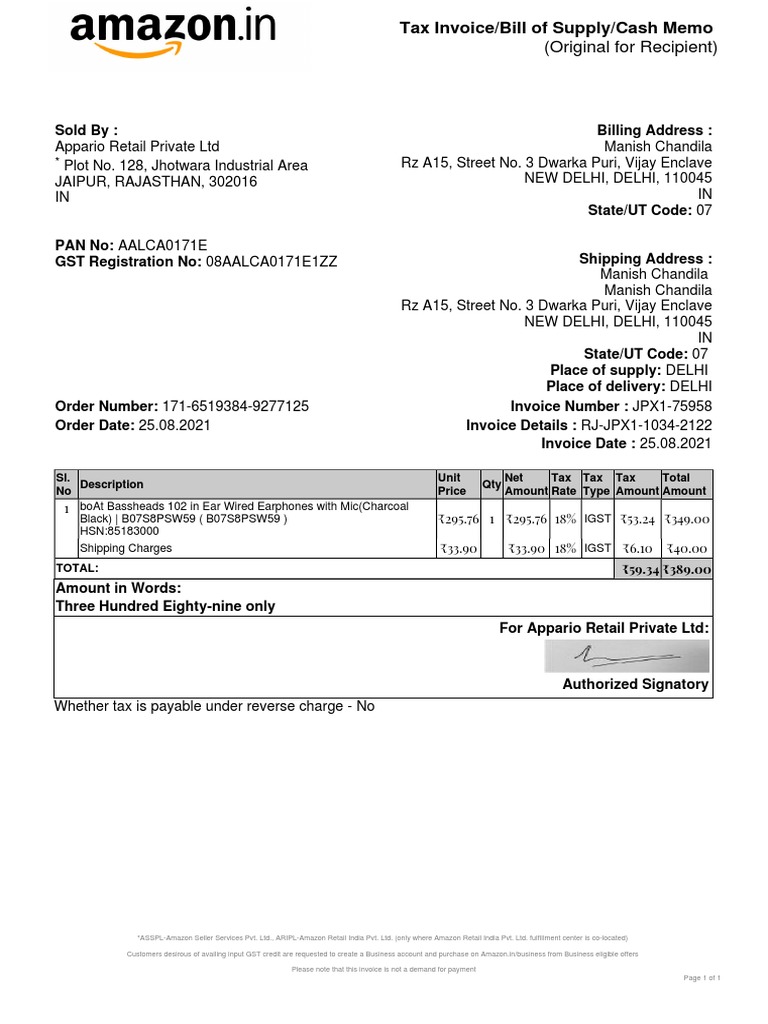 Tax Invoice for Amazon Purchase | PDF | Invoice | Business