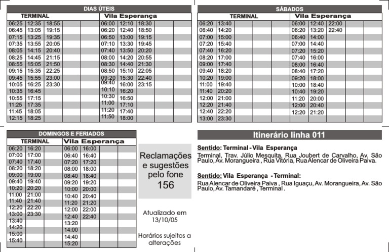 Horários de Ônibus Vila Esperança | PDF