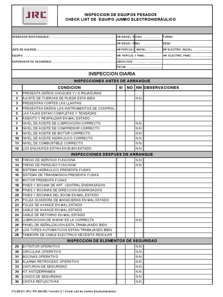 Check List Jumbo Electrohidráulico | PDF | Transmisión (Mecánica ...