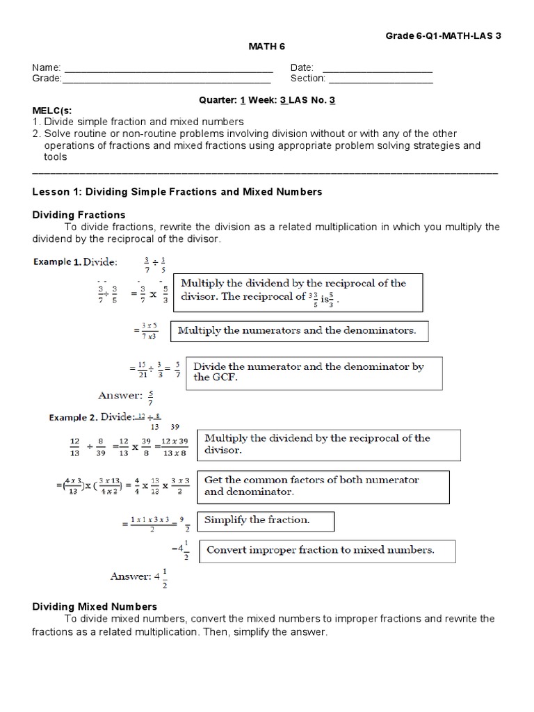 Grade 6 Math LAS Q1 W3: Dividing Fractions | PDF | Teaching Methods ...