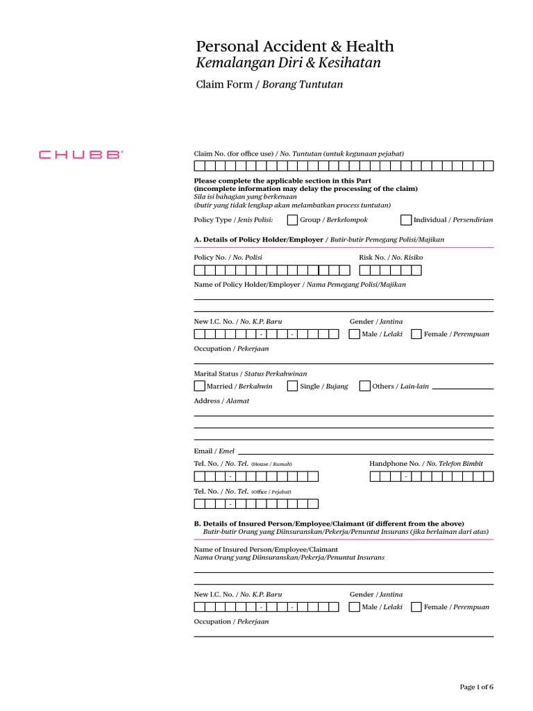 CHUBB Personal Accident Claim Form PDF