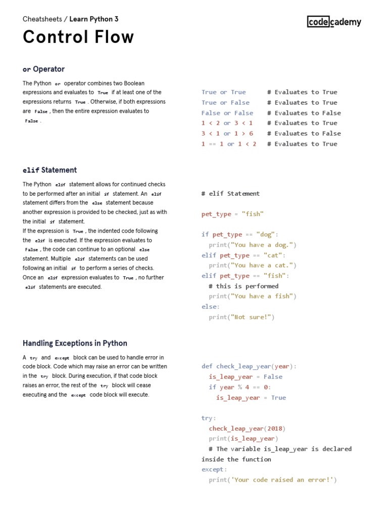 Learn Python 3 - Control Flow Cheatsheet - Codecademy | PDF | Boolean ...