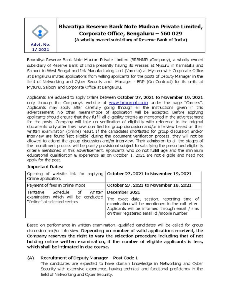 Job Posting Announcement for Deputy Manager and Manager Positions at