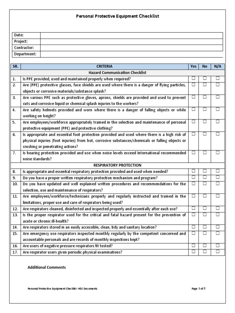 Personal Protective Equipment Checklist PDF Personal Protective