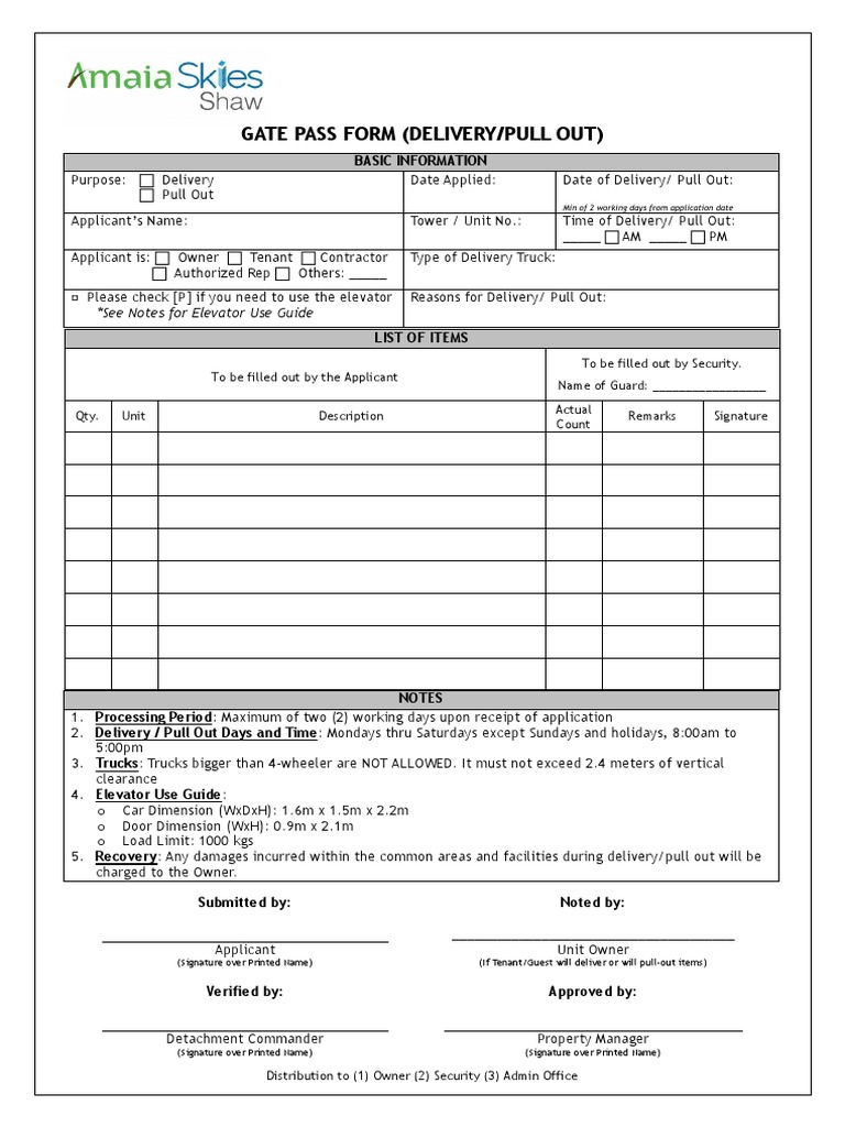 Delivery and Pull Out Gate Pass Form | PDF