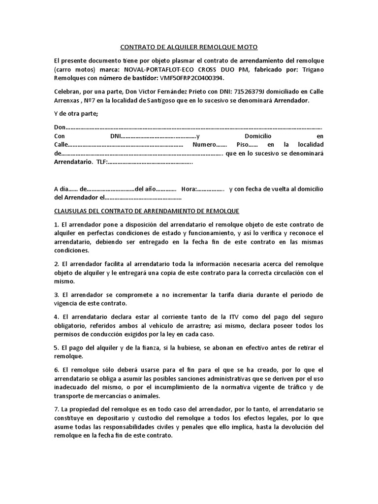 Contrato de Alquiler de Remolque Moto | PDF