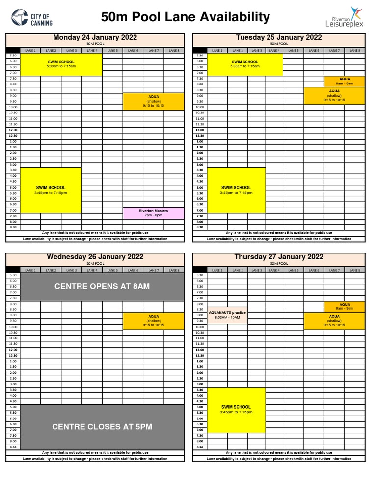 RLP Lap Lane Availability Sheets 50m 24 January 2022 30 January 20