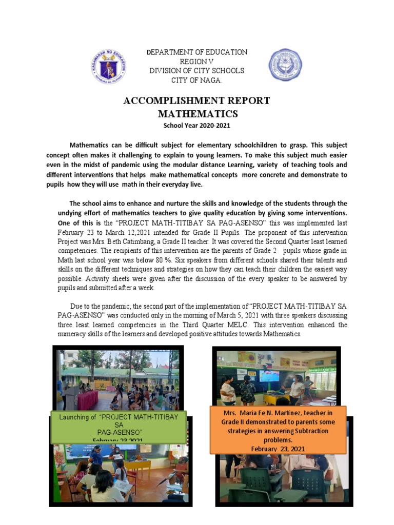 Naga City Schools Math Accomplishment Report | PDF | Learning | Teachers