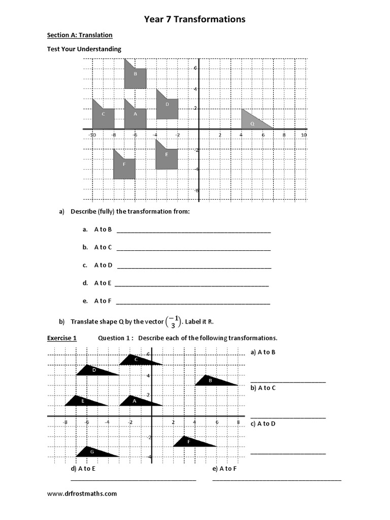 Year 7 Transformations: Section A: Translation Test Your Understanding ...