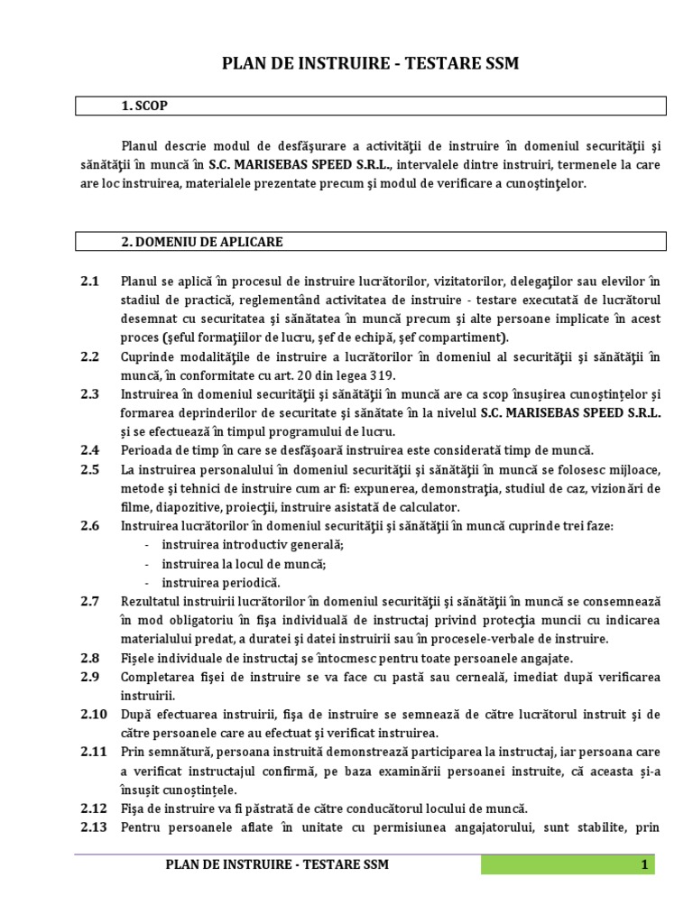 Plan de Instruire Testare SSM | PDF