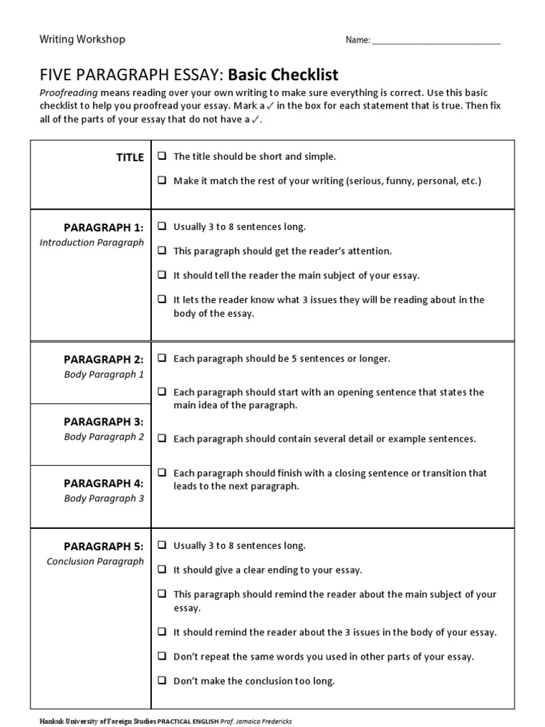 5 Paragraph Essay Checklist (2 pages) Paragraph Text