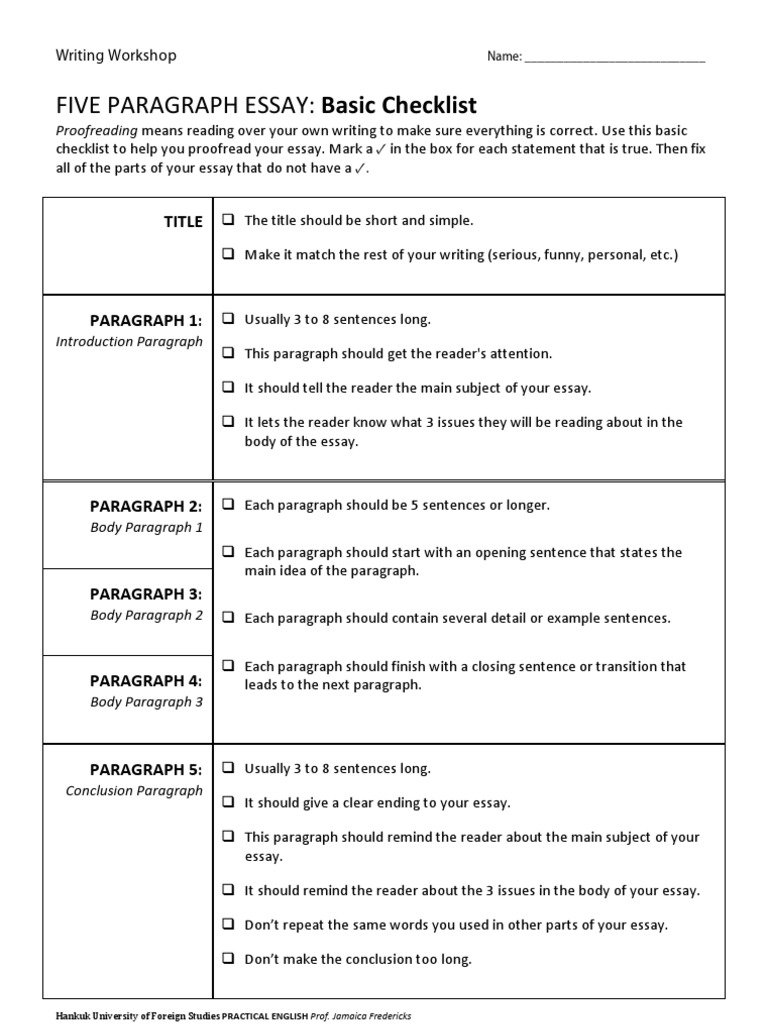 checklist for 5 paragraph essay