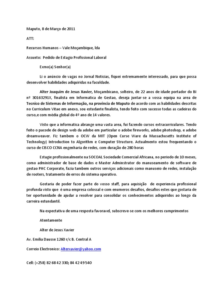 Exemplo de Carta de Pedido de Emprego  Tecnologia  Informática