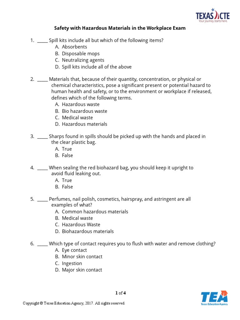 Safety With Hazardous Materials in The Workplace Exam PDF Personal