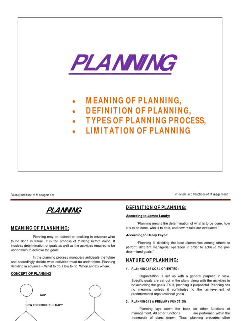 Planning: Meaning of Planning, Definition of Planning, Types of