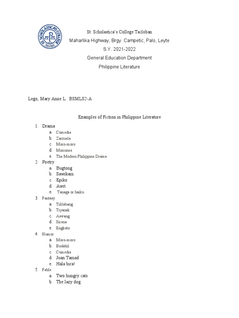 Examples of Fiction in The Philippines Literature PDF