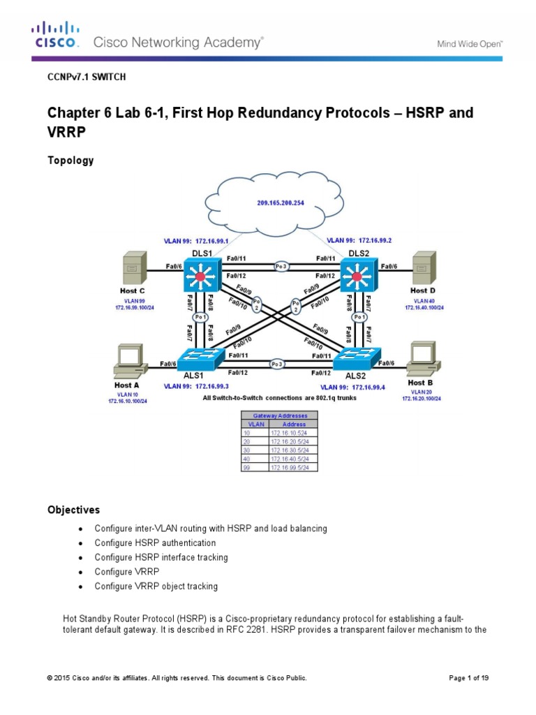 Chapter 6 Lab 61, First Hop Redundancy Protocols HSRP and VRRP PDF