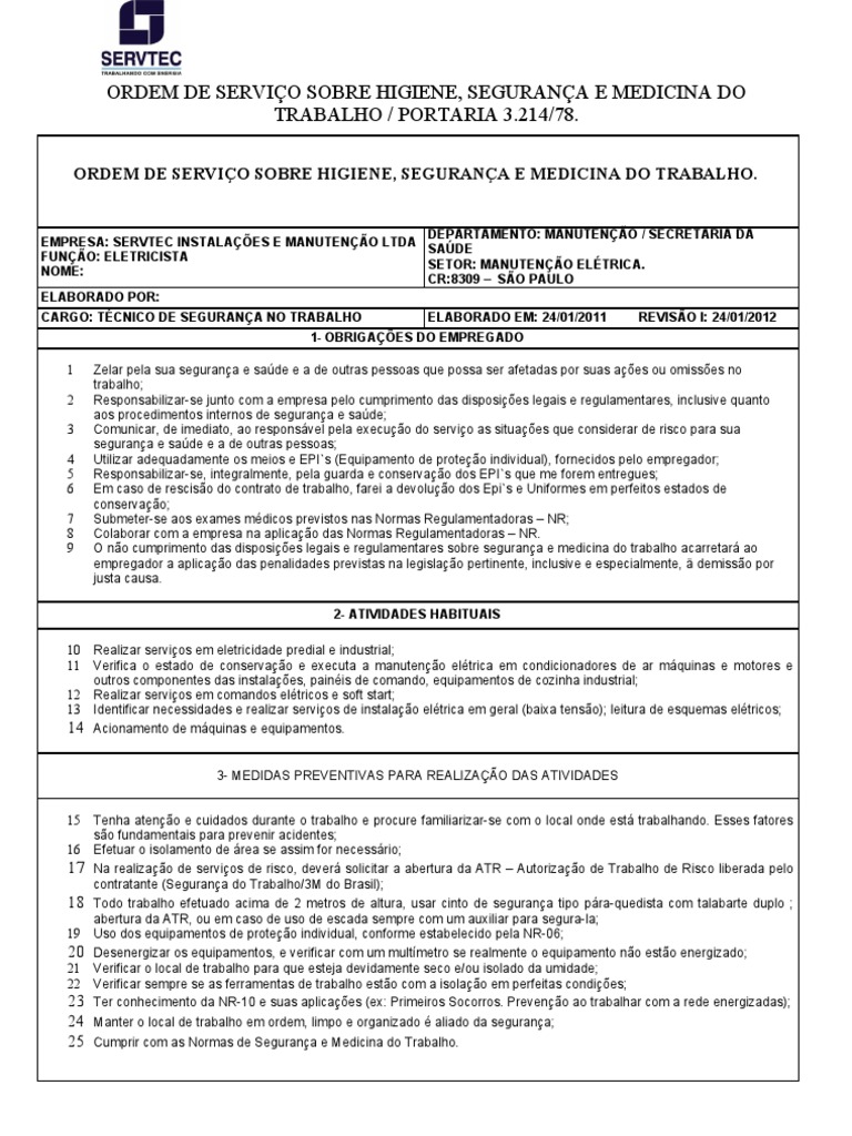 ORDEM DE SERVIÇO NR-01 ELETRICISTA 2011 | Eletricista | Engenharia Elétrica