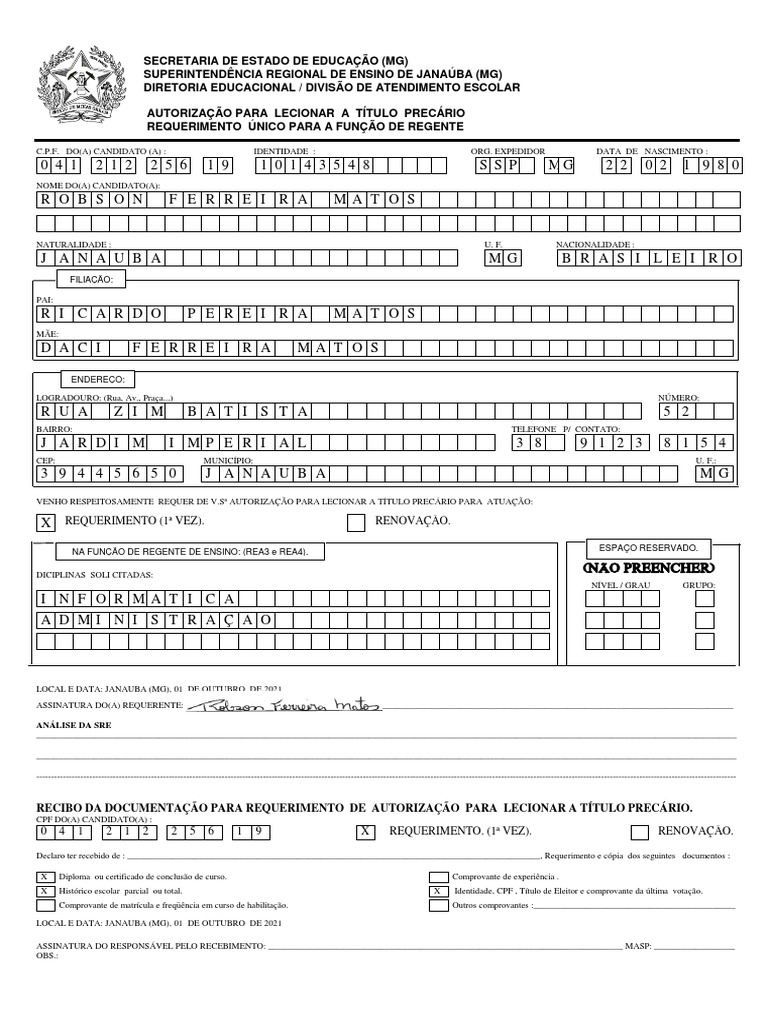 Form De Requerimento Para Lecionar Novo Cat Pdf