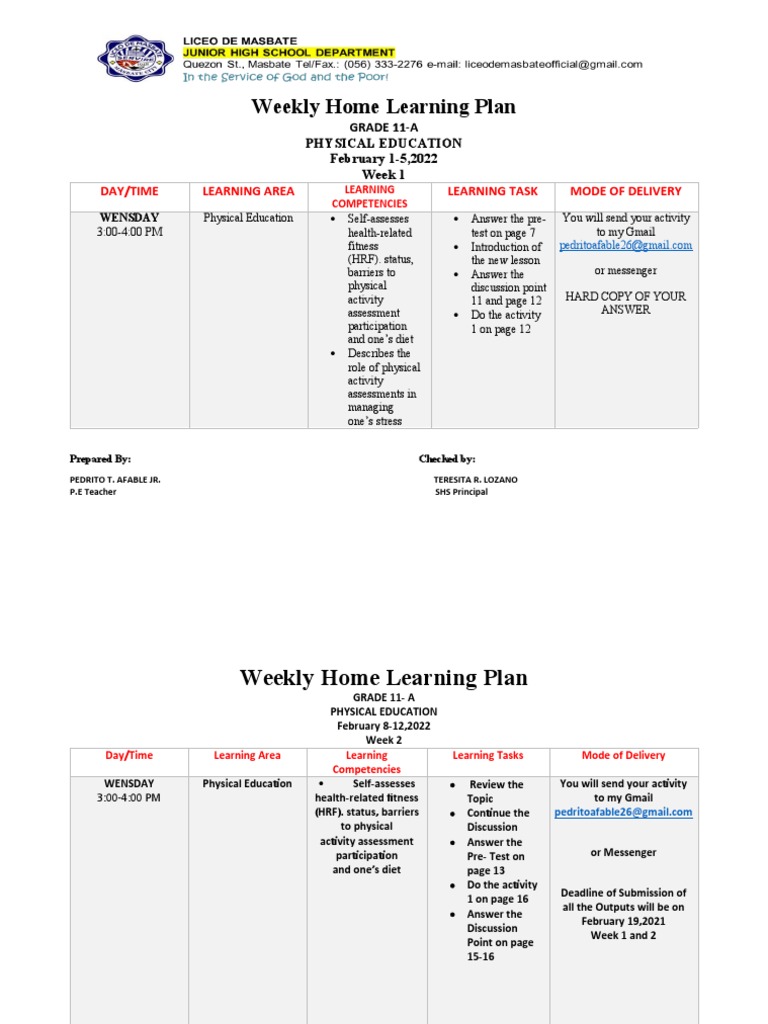 Grade 11 PE Weekly Learning Plan | PDF | Physical Education | Learning