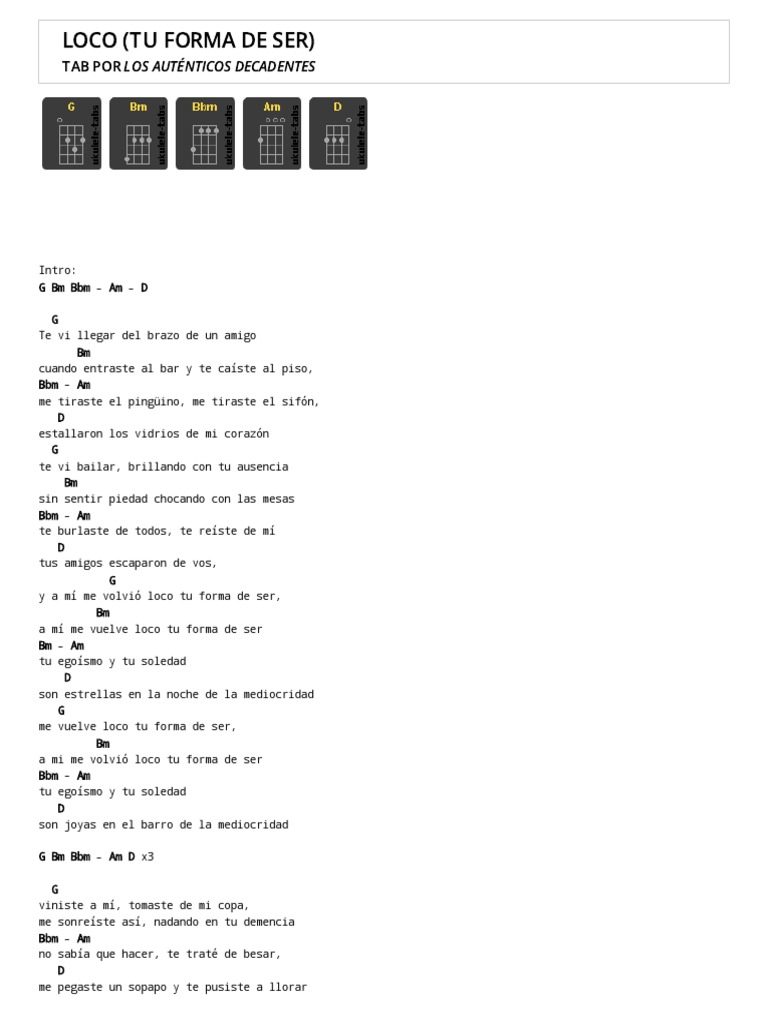 Loco Tu Forma De Ser Tab Por Los Auténticos Decadentes Ukulele Tabs