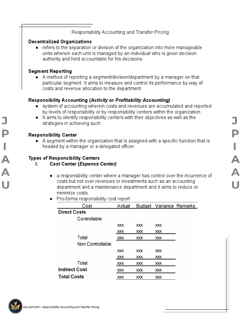 Responsibility Accounting & Transfer Pricing | PDF | Valuation (Finance ...