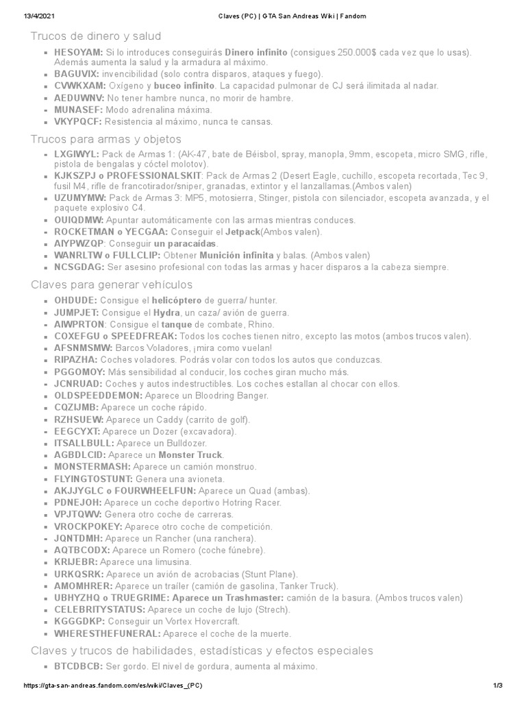 Claves (PC) GTA San Andreas Wiki Fandom PDF Armas de fuego Rifle
