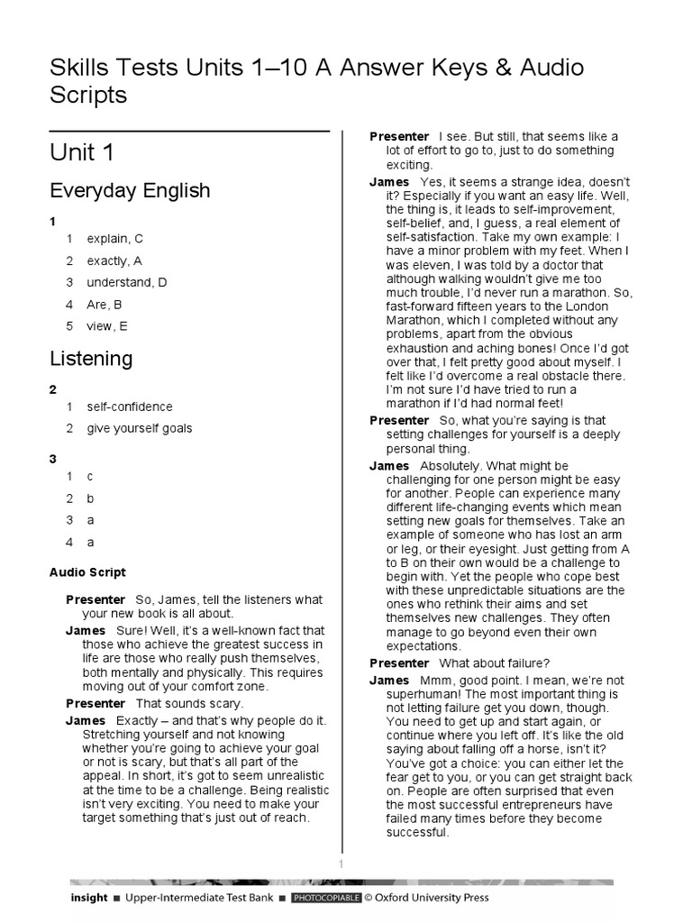 Skills Tests Units 1-10 A Answer Keys + Audio Scripts | Download Free ...