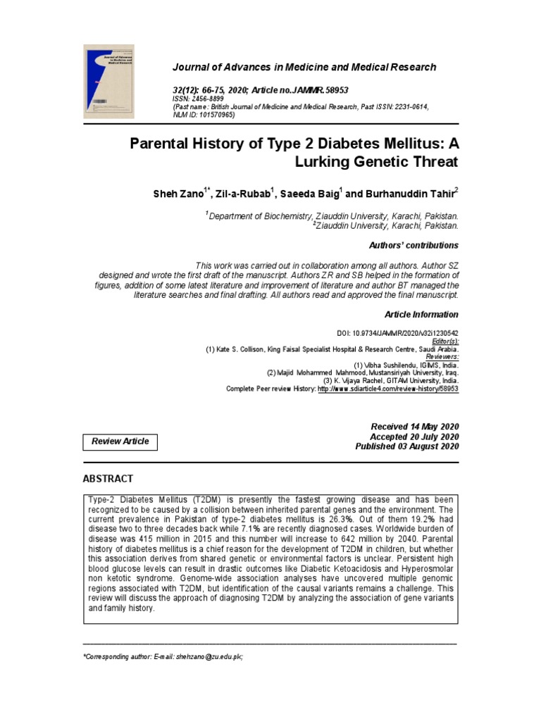 Parental History of Type 2 Diabetes Mellitus A Lurking Genetic Threat ...