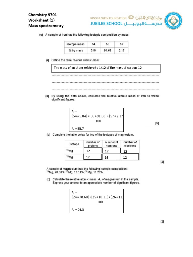 Mass Spectrometry Worksheet Identifying Elements and Isotopes PDF