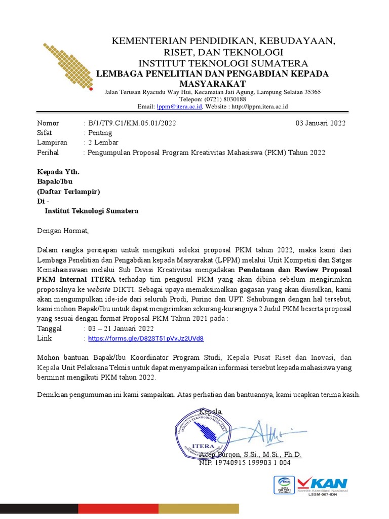 Pengumpulan Proposal PKM 2022 ITERA | PDF