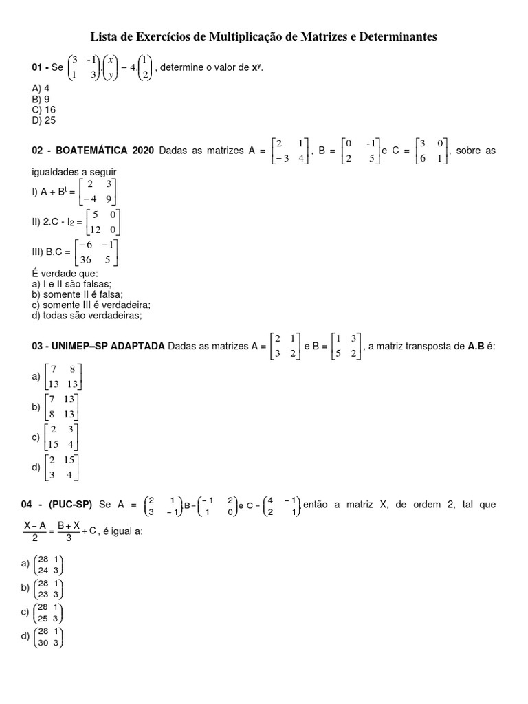 Exercícios de Multiplicação de Matrizes e Determinantes | PDF ...