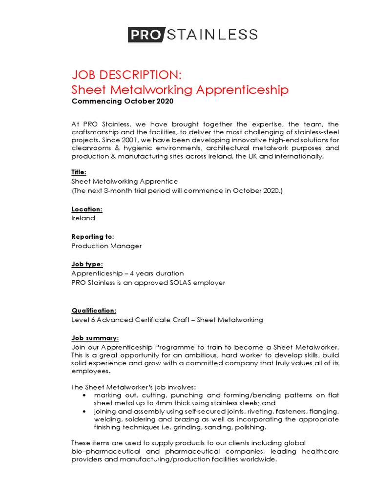 Pro Stainless Sheet Metalworking Apprenticeship Job Description Ire 3