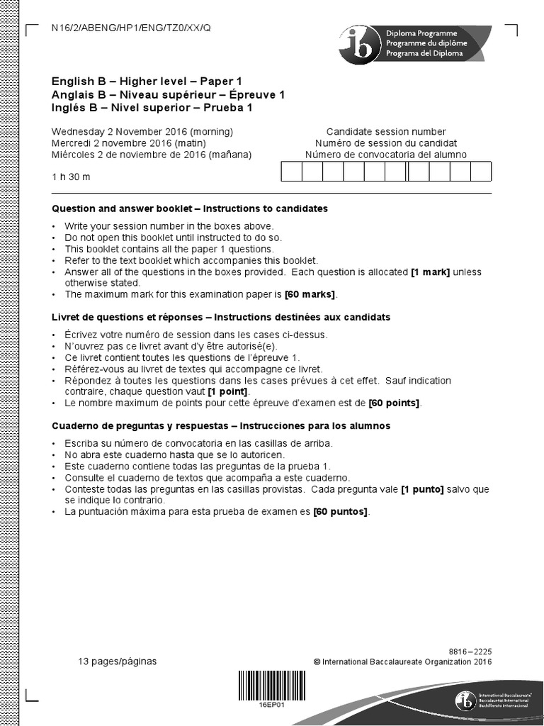 English B Paper 1 Question Booklet HL | PDF | Études des langues ...