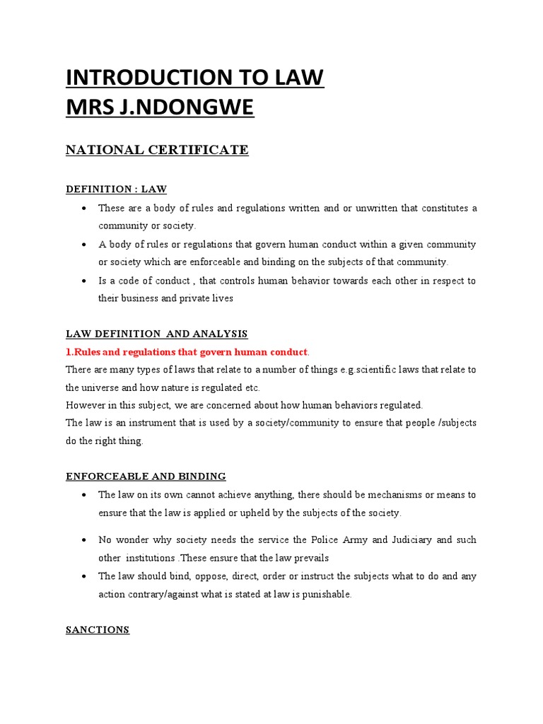 INTRODUCTION TO LAWnotes PDF Precedent Bill Law 