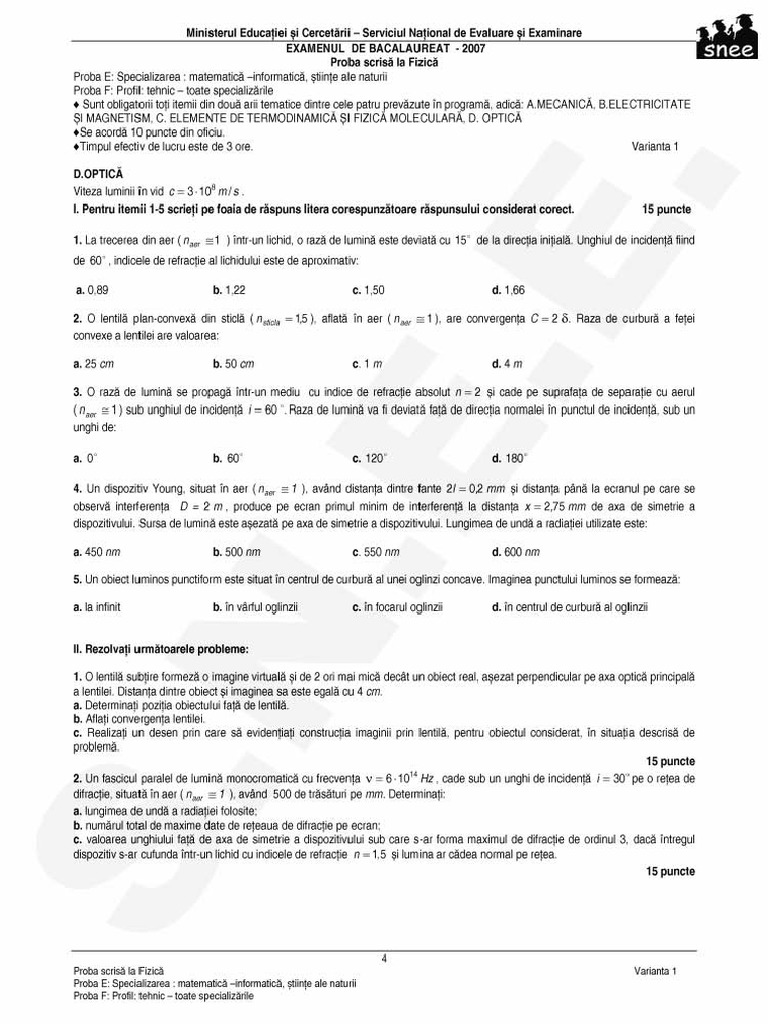BAC 2007 E Fizica Optica - Subiecte Propuse | PDF