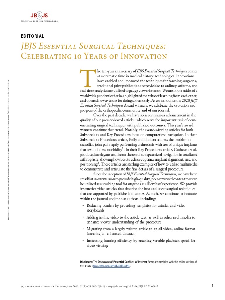 10 Years of JBJS Surgical Innovations | PDF | Surgery | Musculoskeletal ...