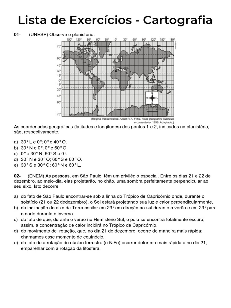 Exercícios de Cartografia para 3º Ano | PDF | Terra | Trópicos