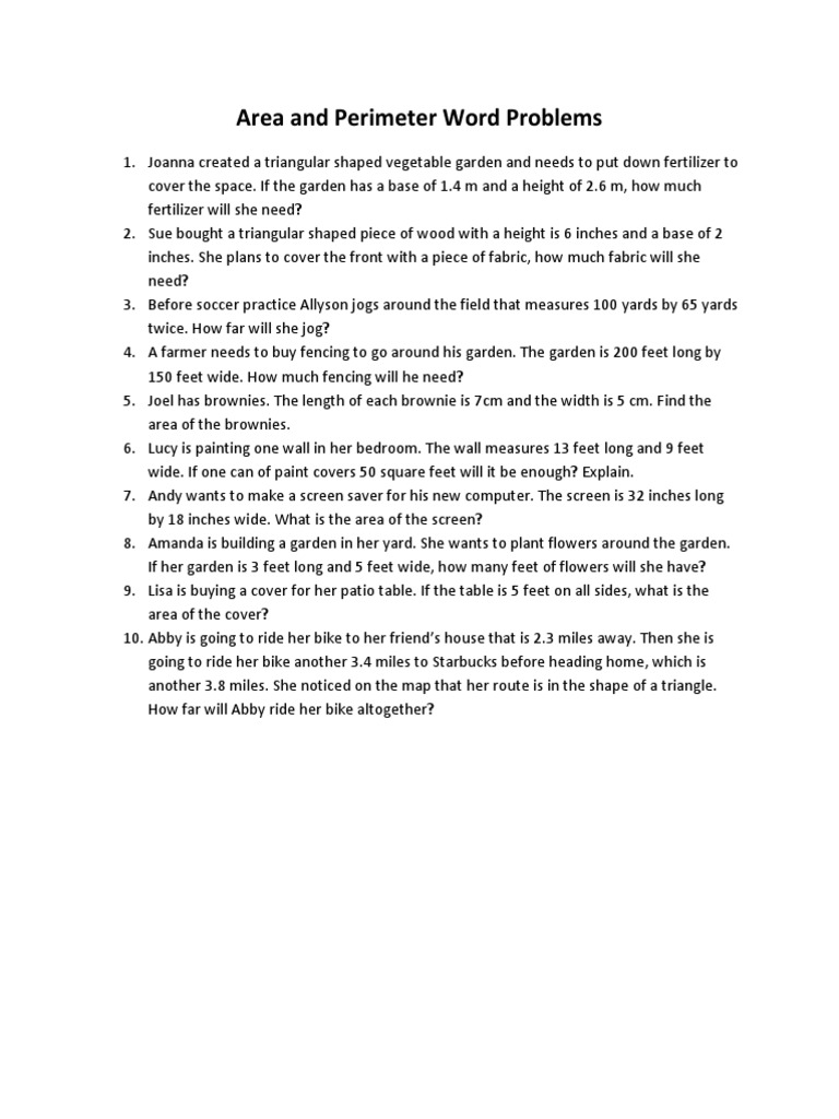 Area and Perimeter Word Problems | PDF | Home & Garden
