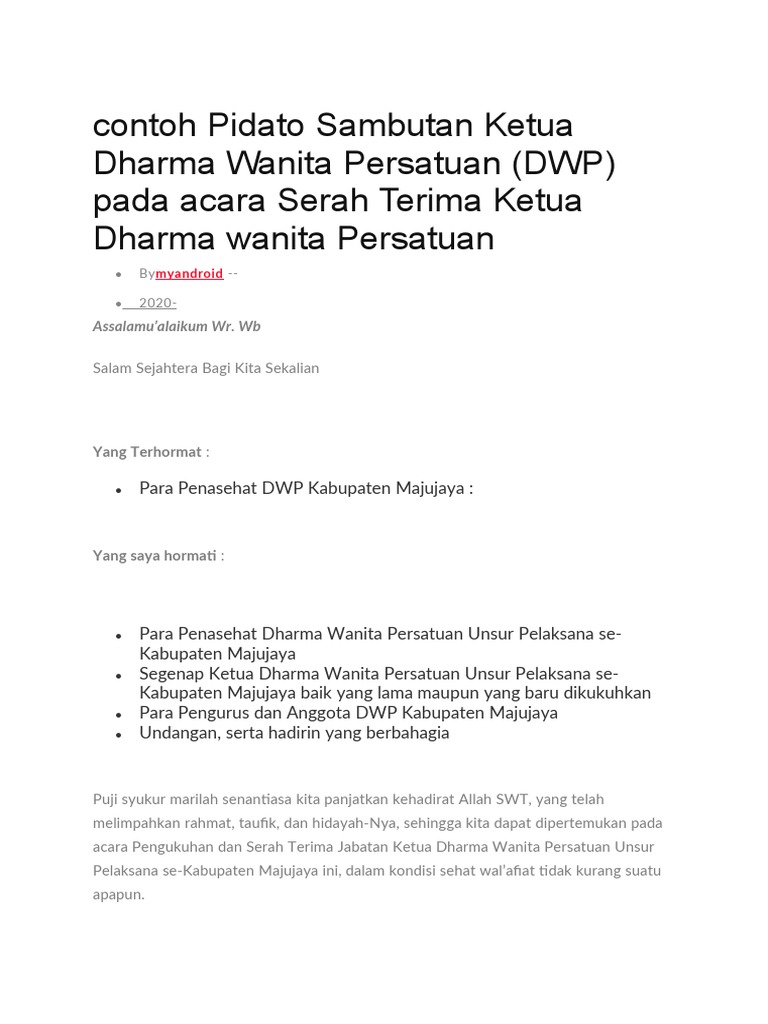 Contoh Pidato Sambutan Ketua Dharma Wanita Persatuan PDF