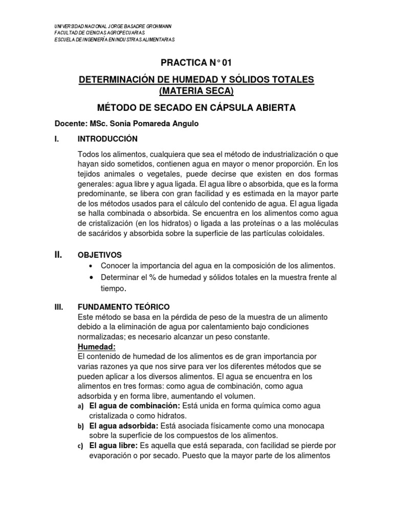 PRACTICA #02 HUMEDAD EN BASE SECA Guía | PDF | Agua | Alimentos
