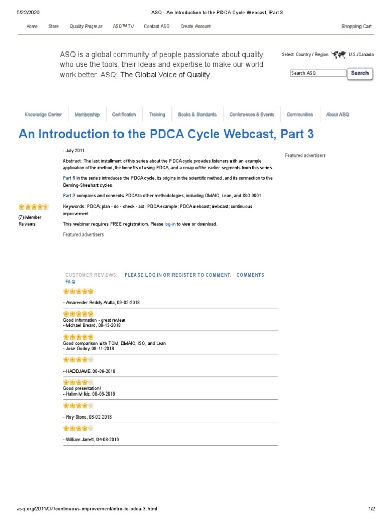 ASQ - An Introduction To The PDCA Cycle Webcast, Part 3 | PDF | Six ...