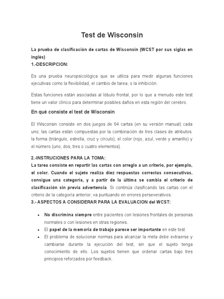 Test de Wisconsin: Evaluación Neuropsicológica | PDF | Color | Desorden ...