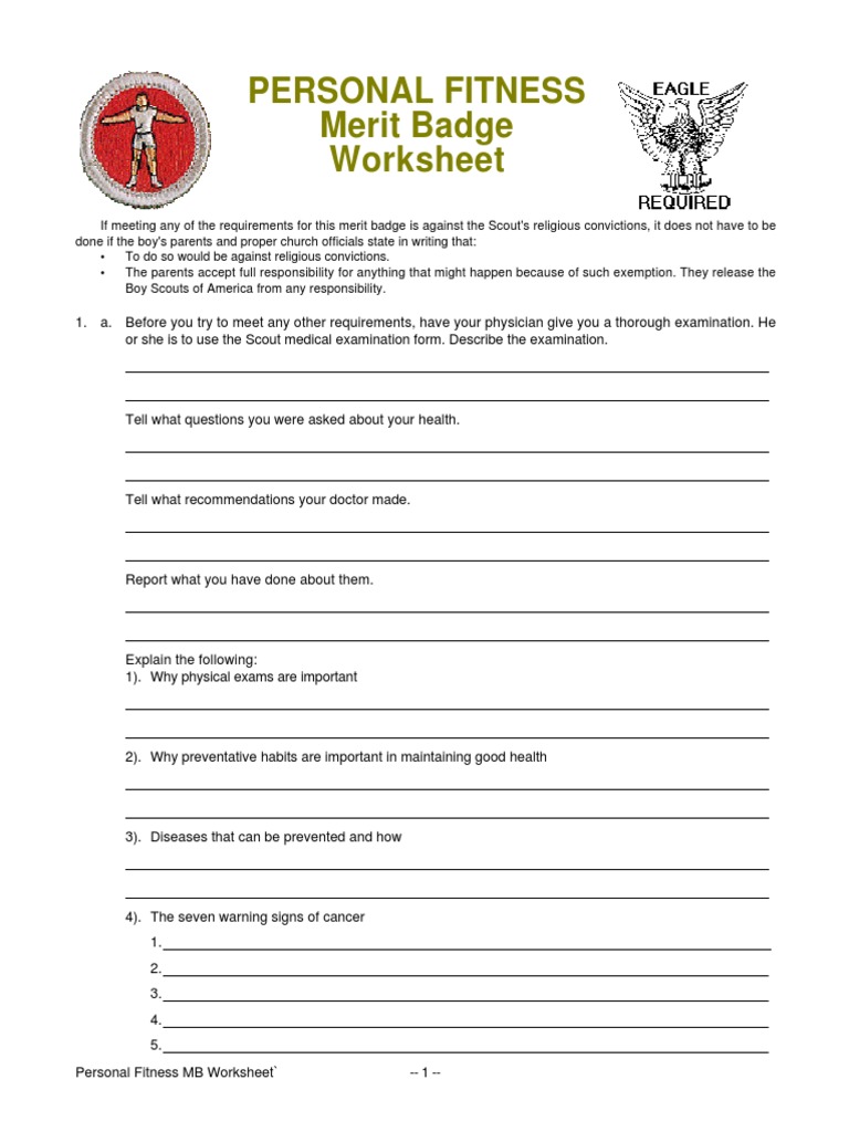 Personal Fitness Merit Badge Worksheet PDF Physical Examination Physical Fitness