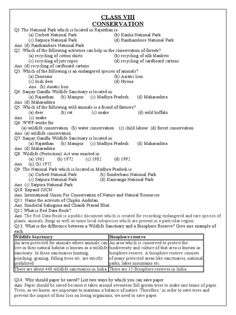 Class 8 Conservation Chapter Study Notes Pdf Biodiversity