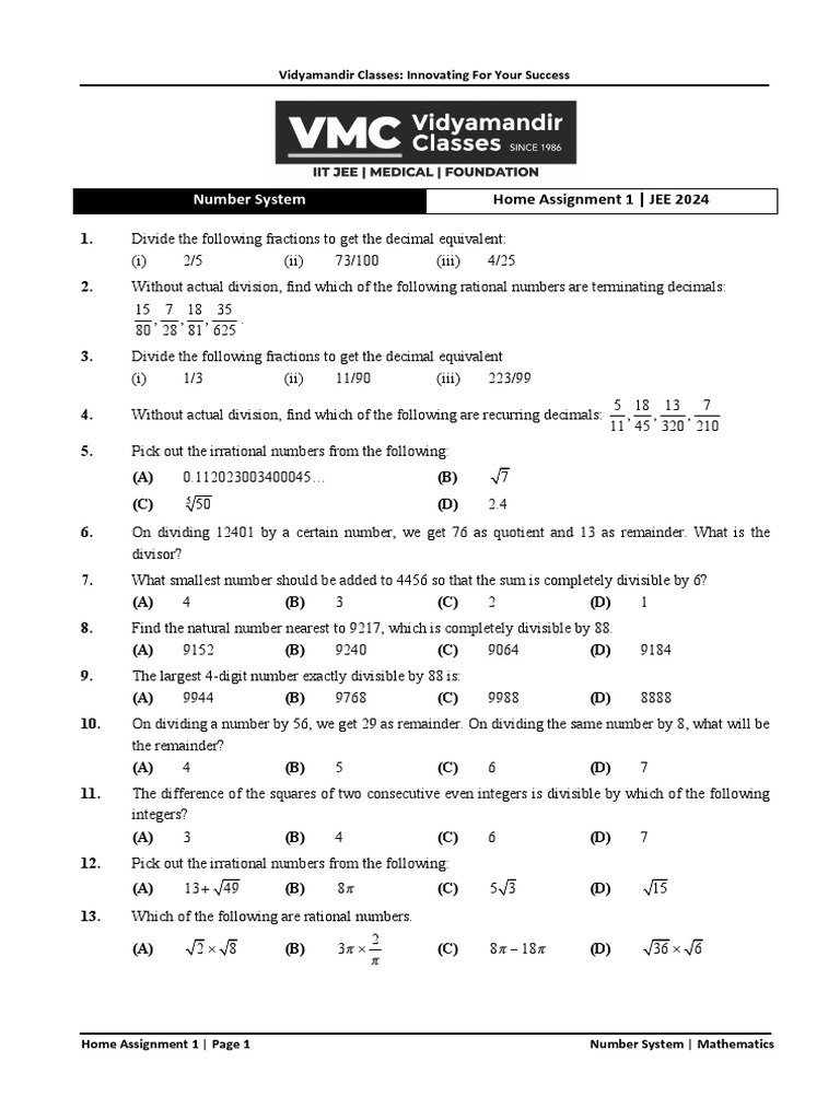 Number System Assignment for JEE 2024 | PDF | Numbers | Rational Number