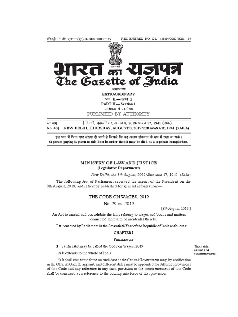 Code on Wages Act 2019 Overview | PDF