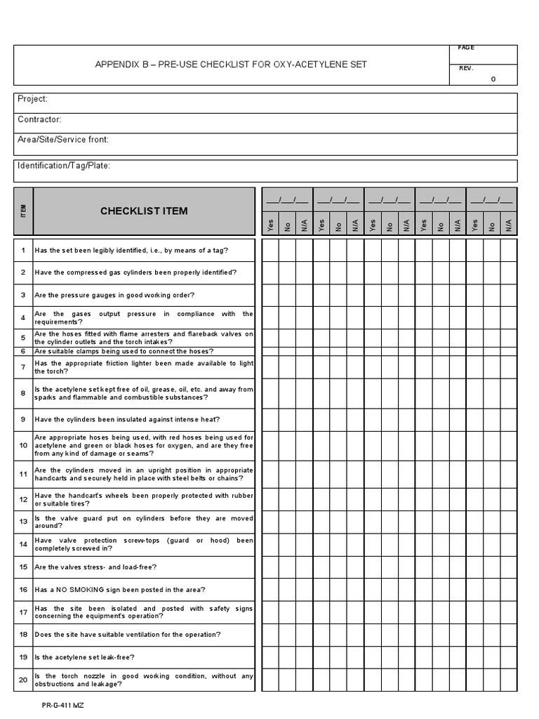 Pre-Use Checklist For Oxy-Acetylene Set | PDF | Equipment ...