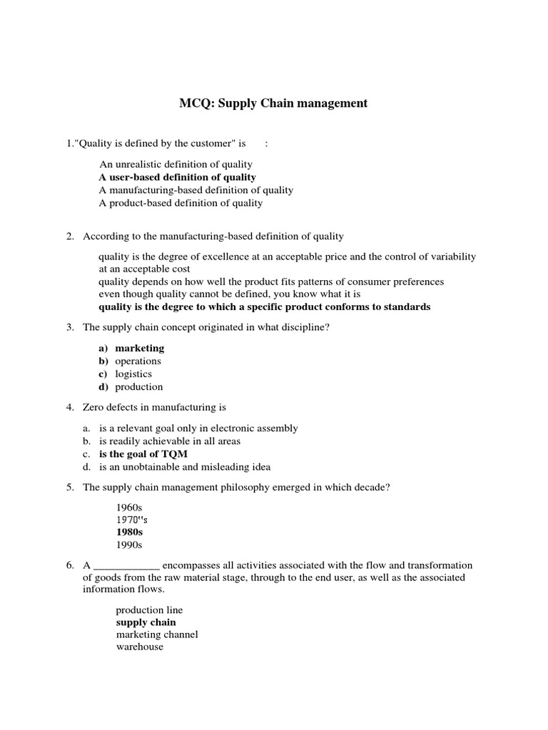 MCQ Supply Chain Management A UserBased Definition of Quality